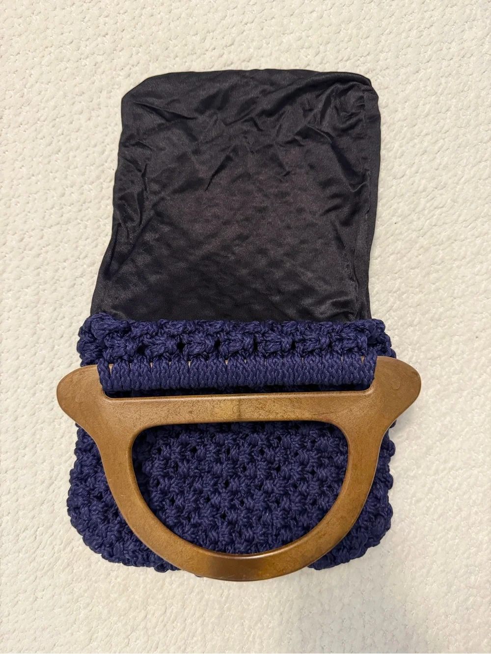 Vintage Handmade Macrame Handbag Brown Wood Handles Blue Purse - Picture 9 of 10